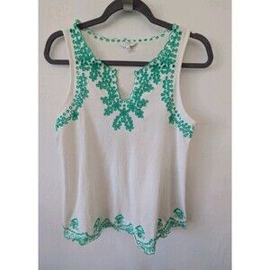 Crown & Ivy Top Womens S White Aqua Embroidered Sleeveless V Neck Tank